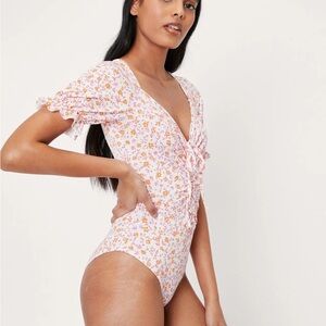 Nasty Gal Ruched Floral Puff Sleeve Tie Front Bodysuit